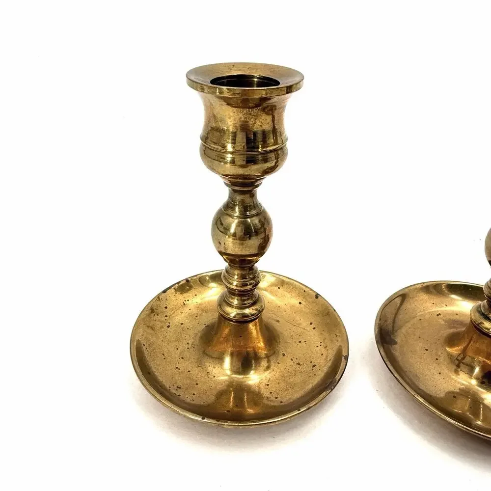 Vintage Brass Taper Candlestick Holders Pair Set Round with Character